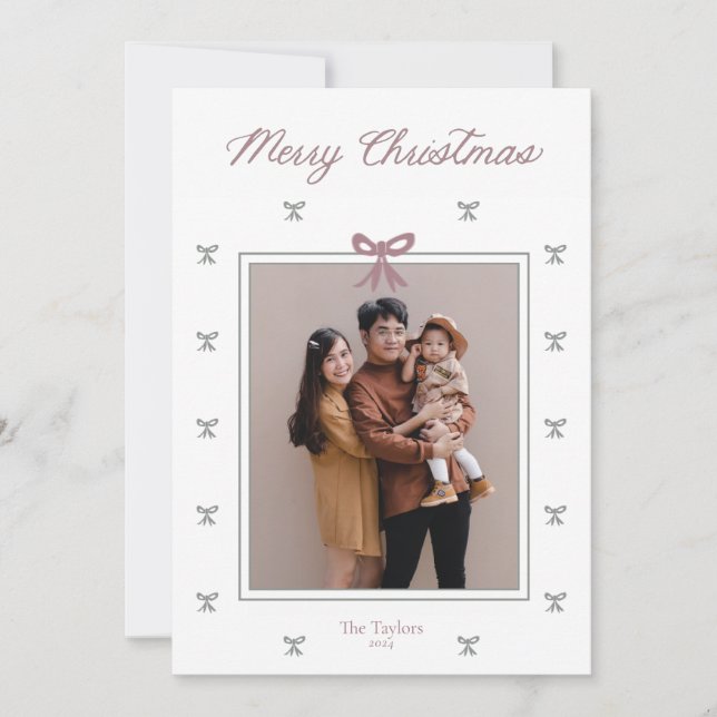 Dainty Ribbon Bow Christmas Photo Card (Front)