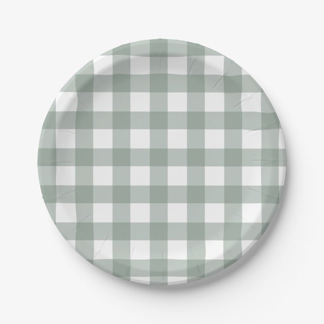 Dainty Sage Green and White Buffalo Check Paper Plates (Front)
