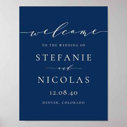 Dainty Script Navy Blue Wedding Welcome Poster