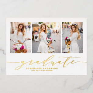 Dainty Script Three Photo Graduation Foil Invitation