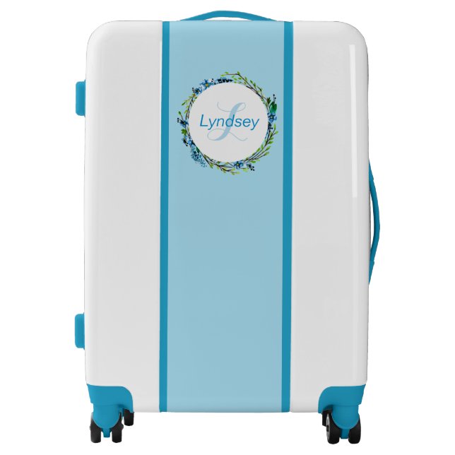 Dainty Sky Blue Floral Wreath with Monogram Luggage (Front)
