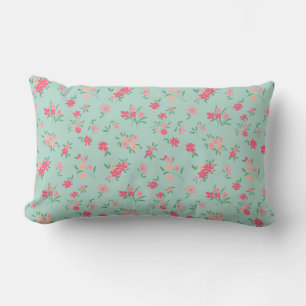 Dainty Teal Shades Pink Flowers Lumbar Pillow