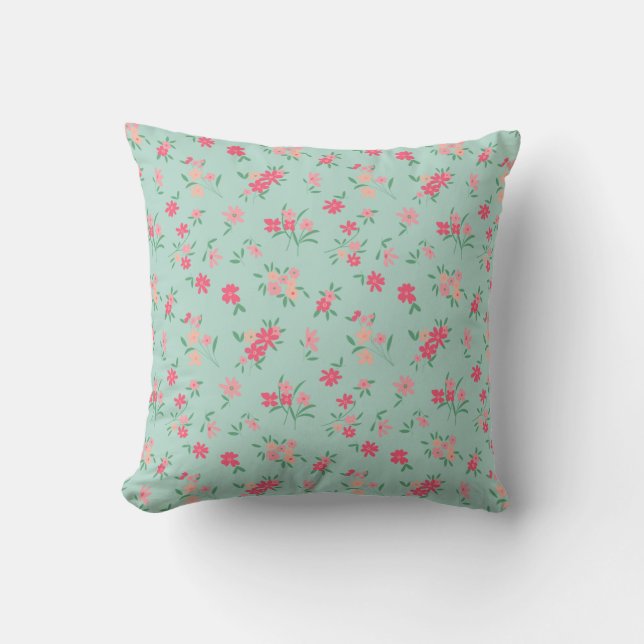  Dainty Tiny Pink Flowers On Teal Throw Pillow (Front)