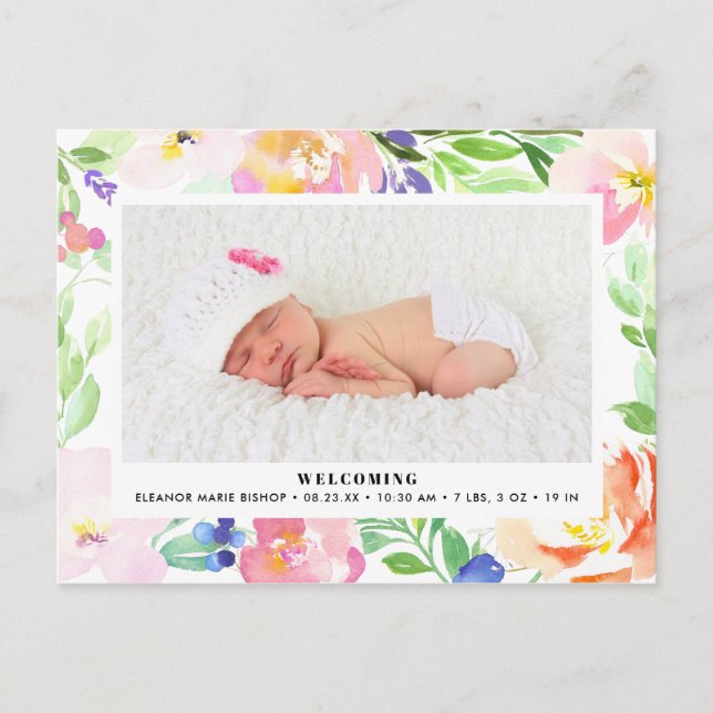 Dainty Watercolor Floral Frame Birth Announcement (Front)
