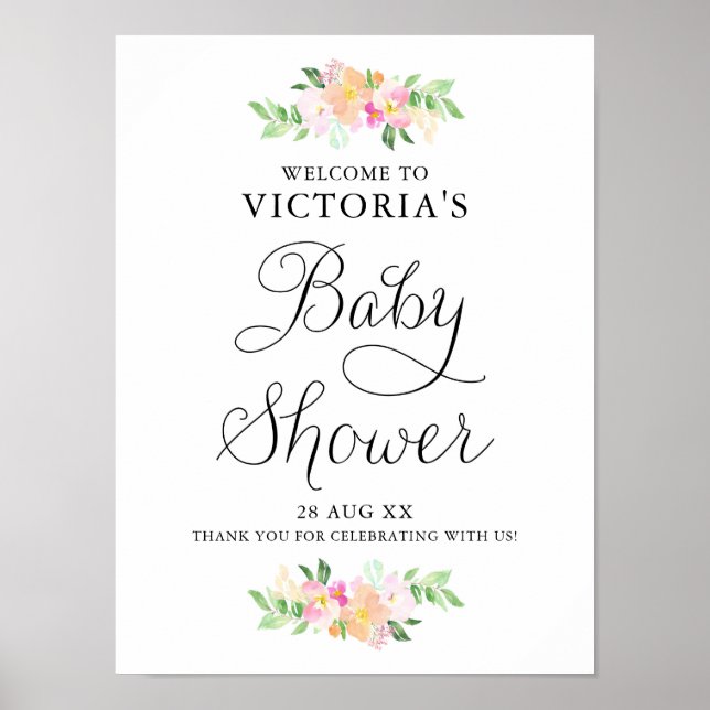 Dainty Watercolor Florals Baby Shower Welcome Sign (Front)