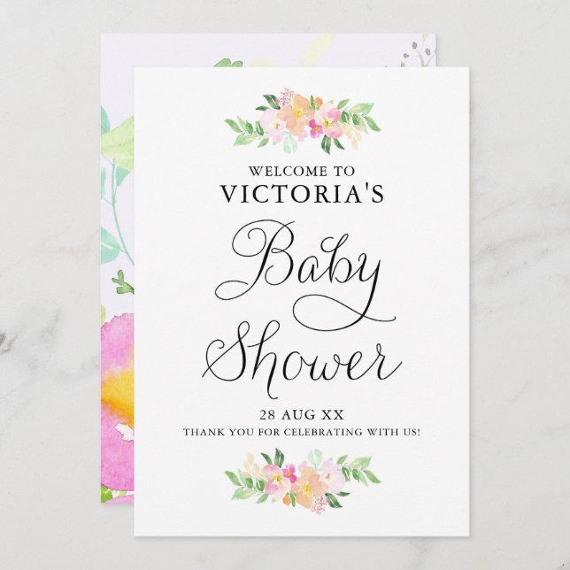 Dainty Watercolor Florals Baby Shower Welcome Sign Invitation (Front/Back)