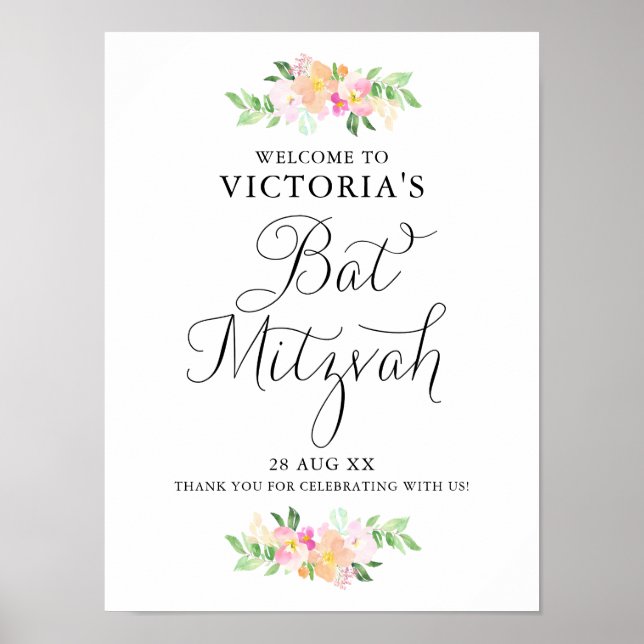 Dainty Watercolor Florals Bat Mitzvah Welcome Sign (Front)
