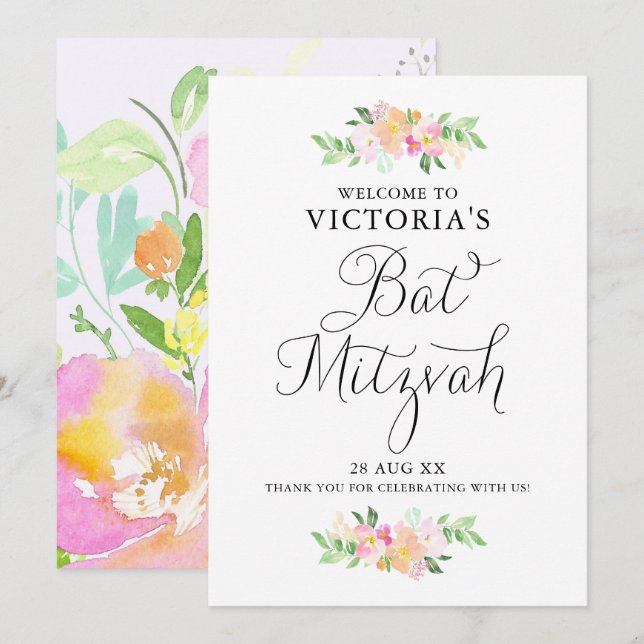 Dainty Watercolor Florals Bat Mitzvah Welcome Sign Invitation (Front/Back)