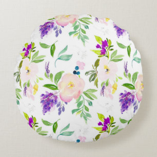 Dainty Watercolor Flowers Peonies and Wisterias Round Pillow