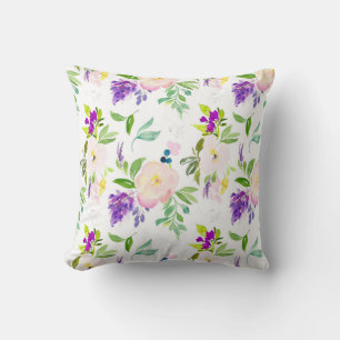 Dainty Watercolor Flowers Peonies and Wisterias Throw Pillow