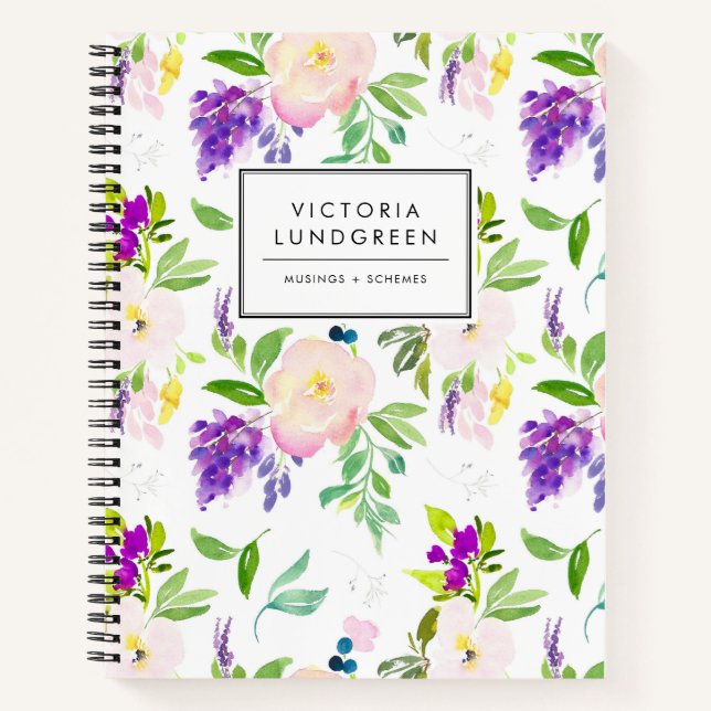 Dainty Watercolor Peony & Wisteria Floral Pattern Notebook (Front)