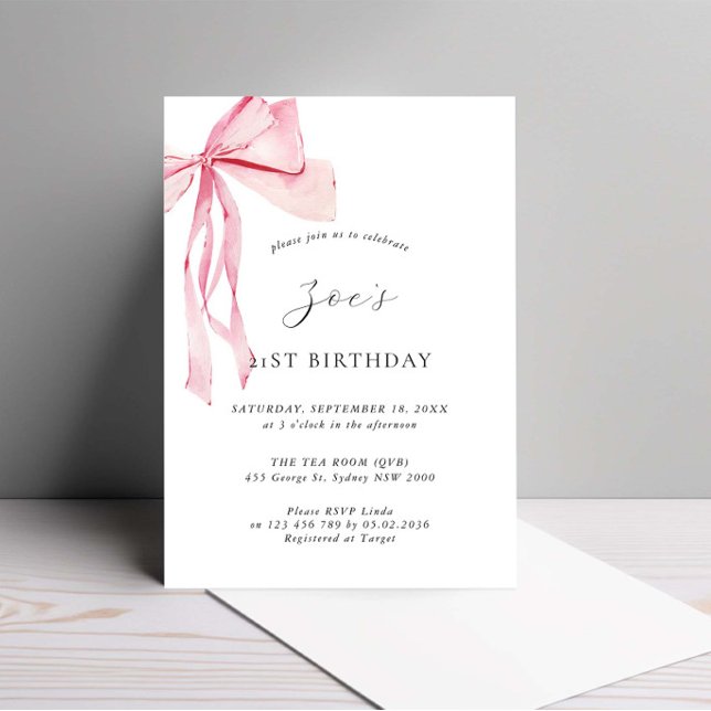 Dainty Watercolor Pink Bow 21st Birthday Invitation (Creator Uploaded)