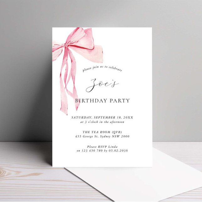 Dainty Watercolor Pink Bow Birthday Party Invitation (Creator Uploaded)