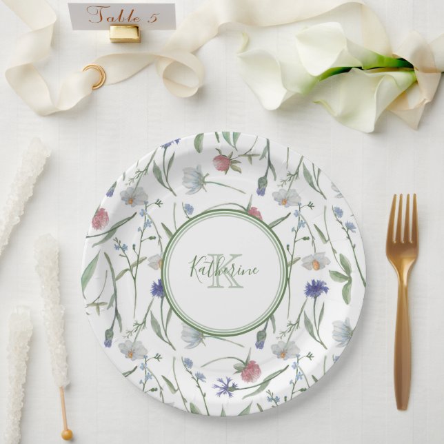 Dainty wild flowers personalized  paper plates (Wedding)