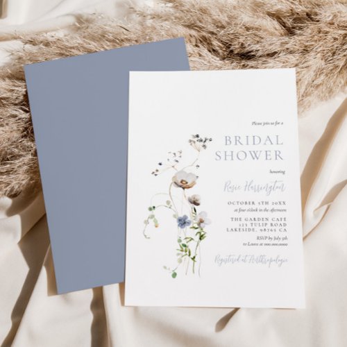 Dainty Wildflower Dusty Blue Bridal Shower Invitation