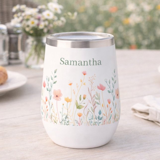 Dainty Wildflower Personalized Name Thermal Wine Tumbler (Creator Uploaded)