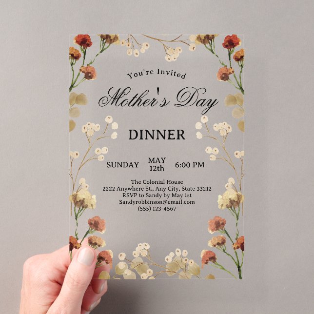 Dainty Wildflowers White Mother's Day Dinner Acrylic Invitations (Insitu (Handheld))