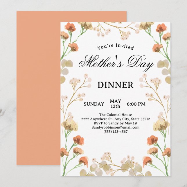 Dainty Wildflowers White Mother's Day Dinner Invitation (Front/Back)