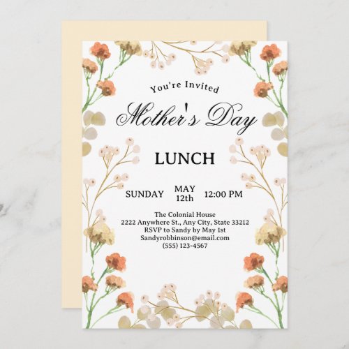 Dainty Wildflowers White Mothers Day Lunch Invitation