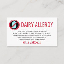 Dairy Allergy Alert Restaurant Chef Card