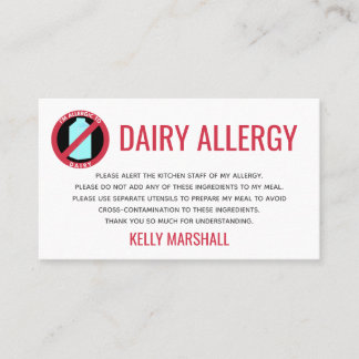 Dairy Allergy Alert Restaurant Chef Card