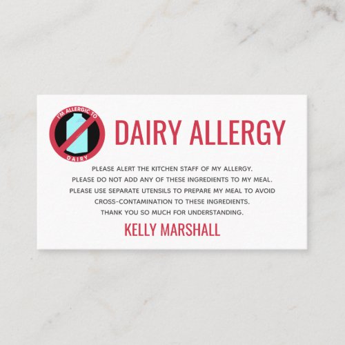 Dairy Allergy Alert Restaurant Chef Card