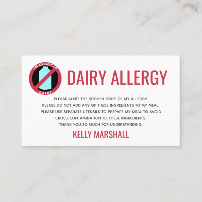Dairy Allergy Alert Restaurant Chef Card (Front)