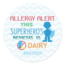 Dairy Allergy Alert Superhero Boy Blue Chevron Classic Round Sticker
