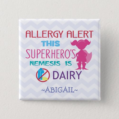 Dairy Allergy Alert Superhero Girl Pink Silhouette Button