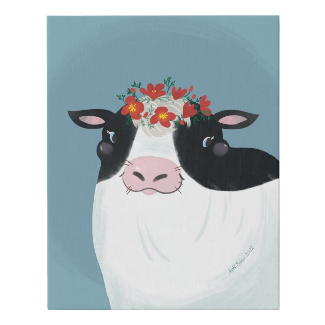 Dairy Cow and Red Flower Crown Faux Canvas Print (Front)