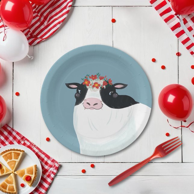 Dairy Cow and Red Flower Crown Paper Plates (Creator Uploaded)