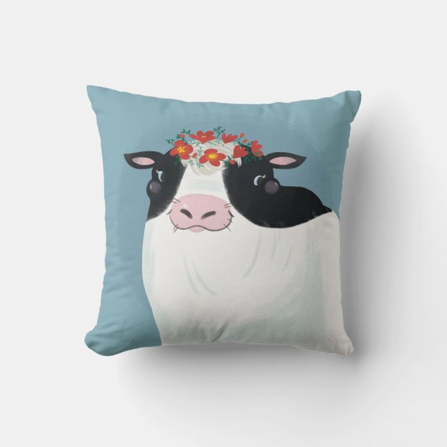 Dairy Cow and Red Flower Crown Throw Pillow (Front)