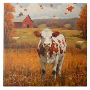 Dairy Cow Autumn Farm Landscape Ceramic Tile