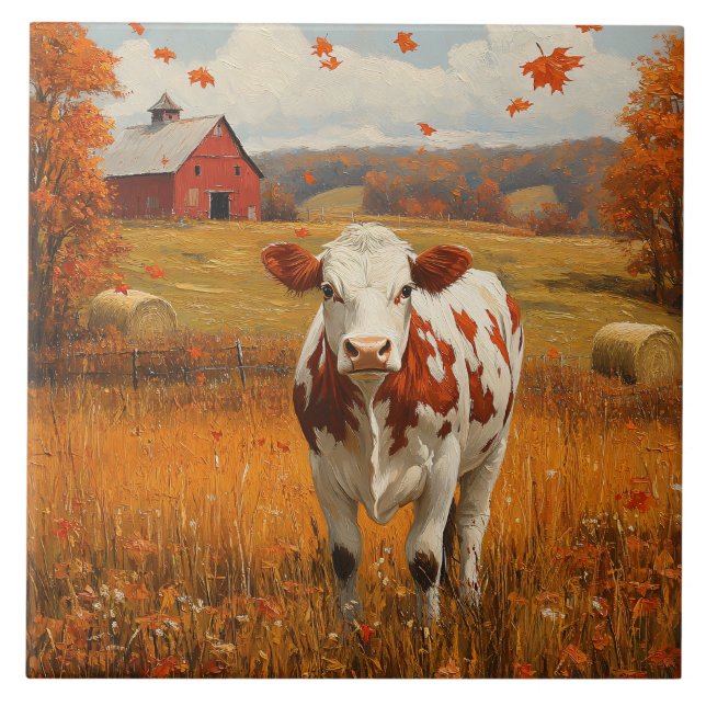 Dairy Cow Autumn Farm Landscape Ceramic Tile (Front)