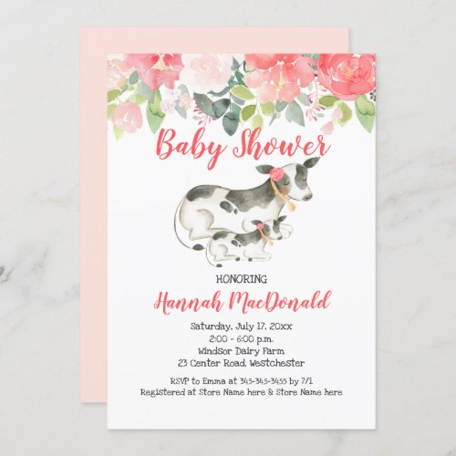 Dairy Cow Floral Pink Coral Baby Shower Invitation