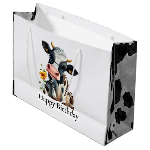 Dairy Cow Happy Birthday White Large Gift Bag