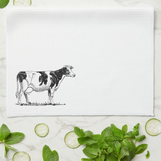 Dairy Cow Holstein Fresian Pencil Drawing Kitchen Towel (Folded)