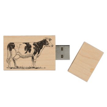Dairy Cow Holstein Fresian Pencil Drawing Wood Usb Flash Drive by CorgisandThings at Zazzle