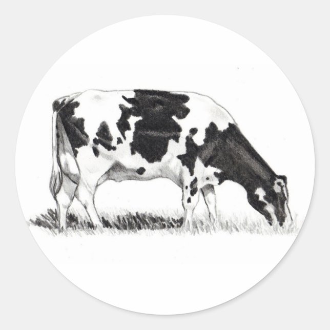 DAIRY COW, PENCIL ART CLASSIC ROUND STICKER (Front)