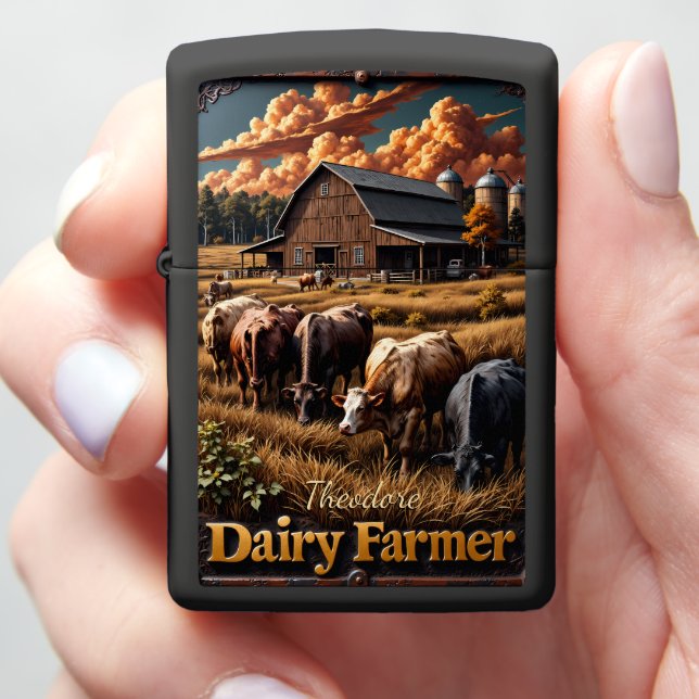 Dairy Farmer Cows Wooden Barn Dramatic Sky Zippo Lighter (In Hand)