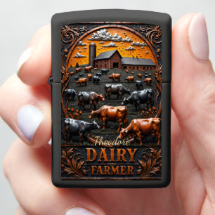 Dairy Farmer Mixed Cows Barn Silo Orange Sky Zippo Lighter
