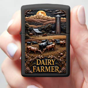 Dairy Farmer Mixed Cows Silo Full Moon Zippo Lighter