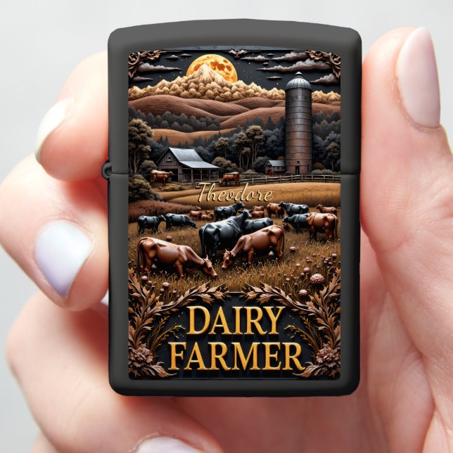 Dairy Farmer Mixed Cows Silo Full Moon Zippo Lighter (In Hand)