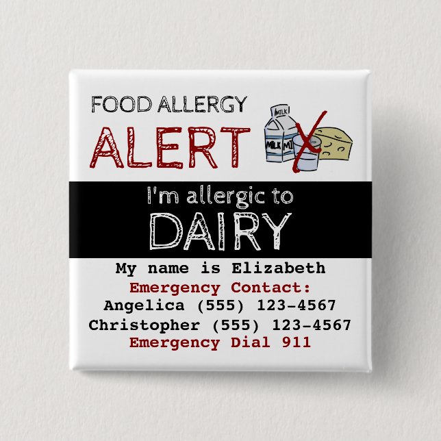 Dairy Food Allergy Alert Label Button (Front)