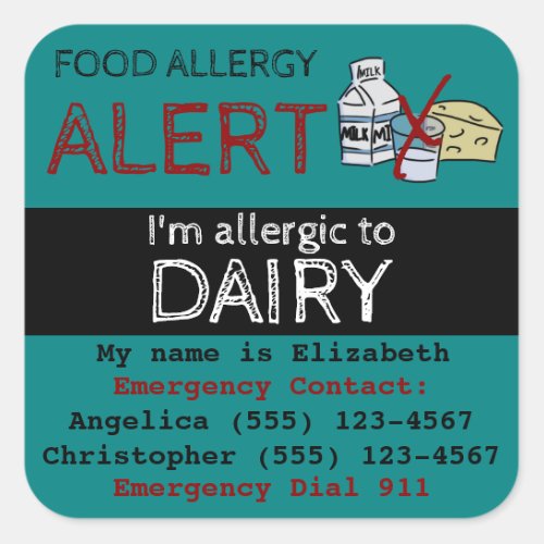 Dairy Food Allergy Alert Sticker Teal