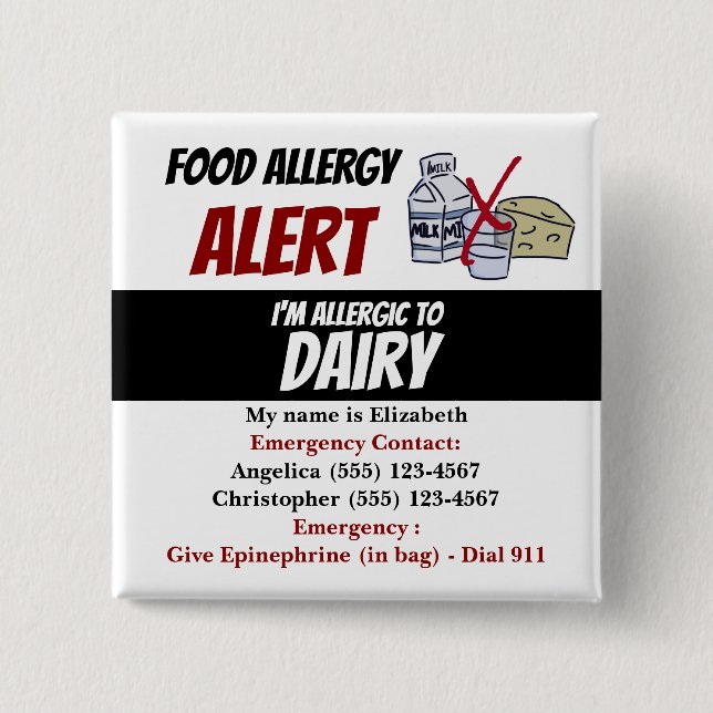 Dairy Food Allergy Alert Warning Button (Front)