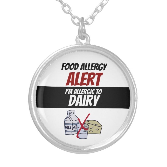 Dairy Food Allergy Alert Warning Label Silver Plated Necklace (Front)