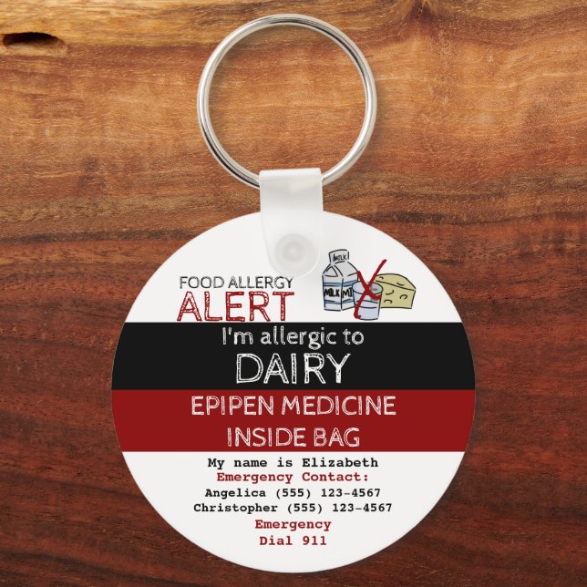 Dairy Food Allergy Medicine Alert Tag Keychain (Back)