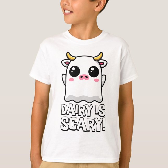 Dairy Is Scary! Cute Lactose Ghost Cow Pun T-Shirt (Front)