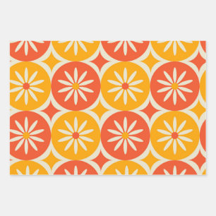 Daises and Atomic stars on Orange Yellow circles Wrapping Paper Sheets